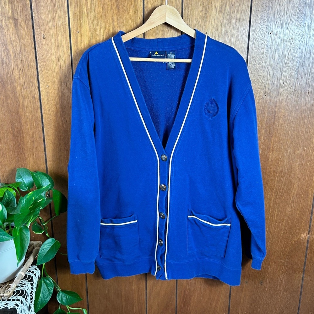 Vintage Lizsport Blue Sweatshirt Cardigan Crest Logo Academia‎ Preppy Heritage